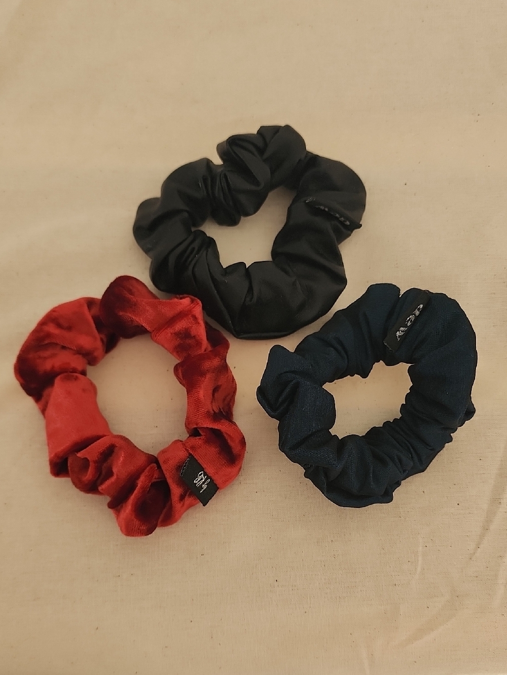 DEW Triple Pack Velvet and Satin Scrunchies - Red, Black, Green NEVER WORN!